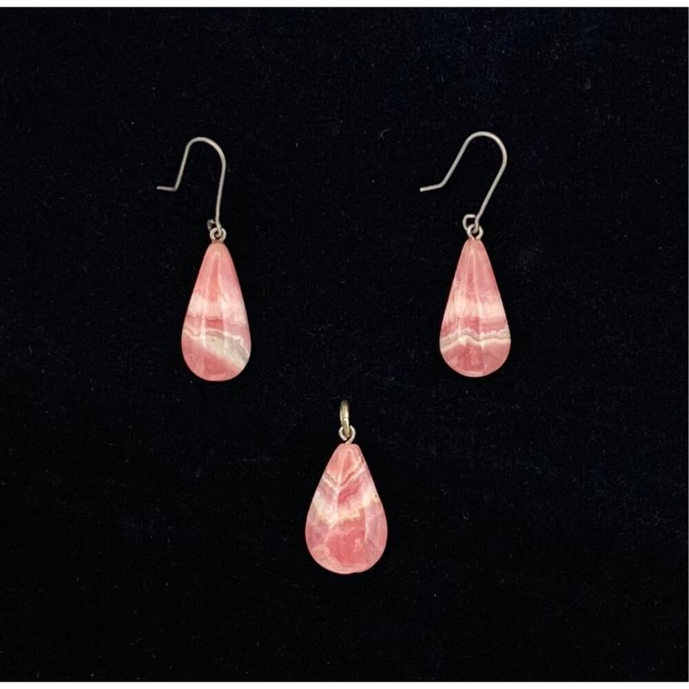 Sterling Silver Rhodochrosite Teardrop Shaped Drop Earrings & Pendant